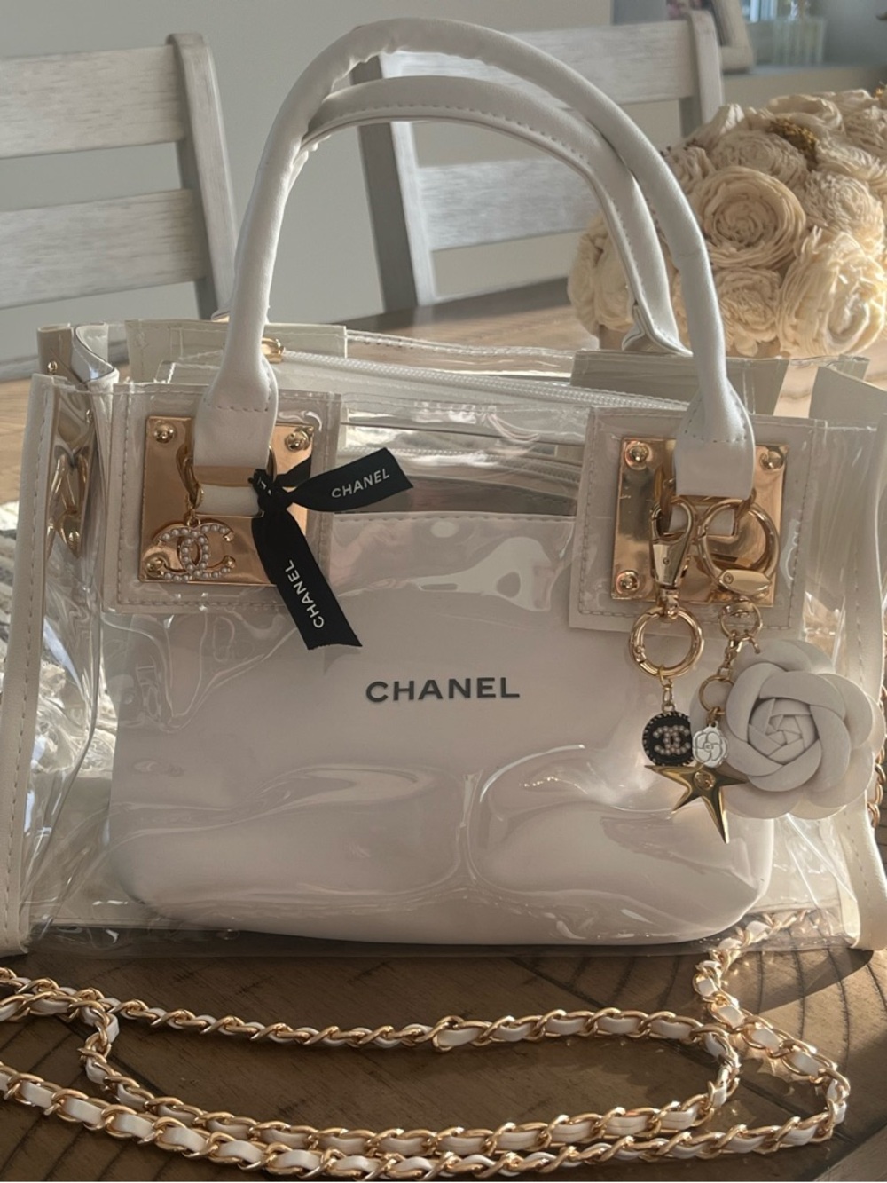 Custom Upcycled Chanel Beauté Clear Bag - Authentic Charms, Ribbon & Makeup Bag - Picture 3 of 16